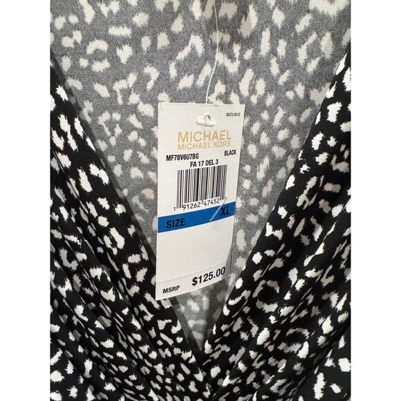 NWT Michael Kors Dress Black Wrap Tie Black White Spots Short Sleeve Womens XL - Picture 2 of 5